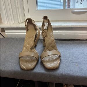 Tan Quilted Ankle-Strap Heels